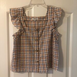 Madewell Plaid Ruffle Blouse in Blue and Tan